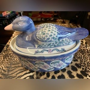 DUCK CASSEROLE DISH Chinese Blue Green Pink Floral Gray  Porcelain